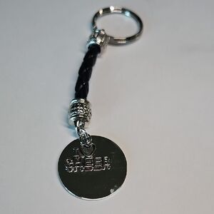 Leather Braided Keychain with Silver Disc and 'I ♥ CHEER'' Charm
